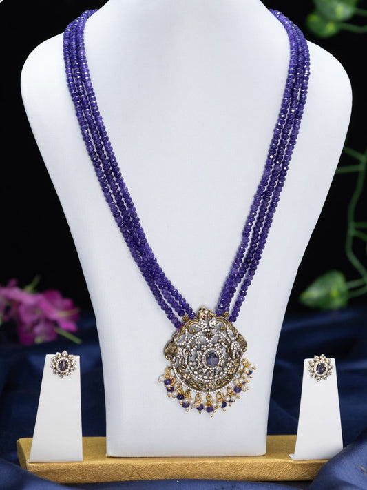 Beaded triple layer violet necklace elephant design with violet & cz stones and pearl & beads hangings in victorian finish